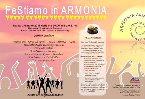 2 giugno 2018 dalle ore 20:00 alle 23:00  Apericena di fine anno associativo